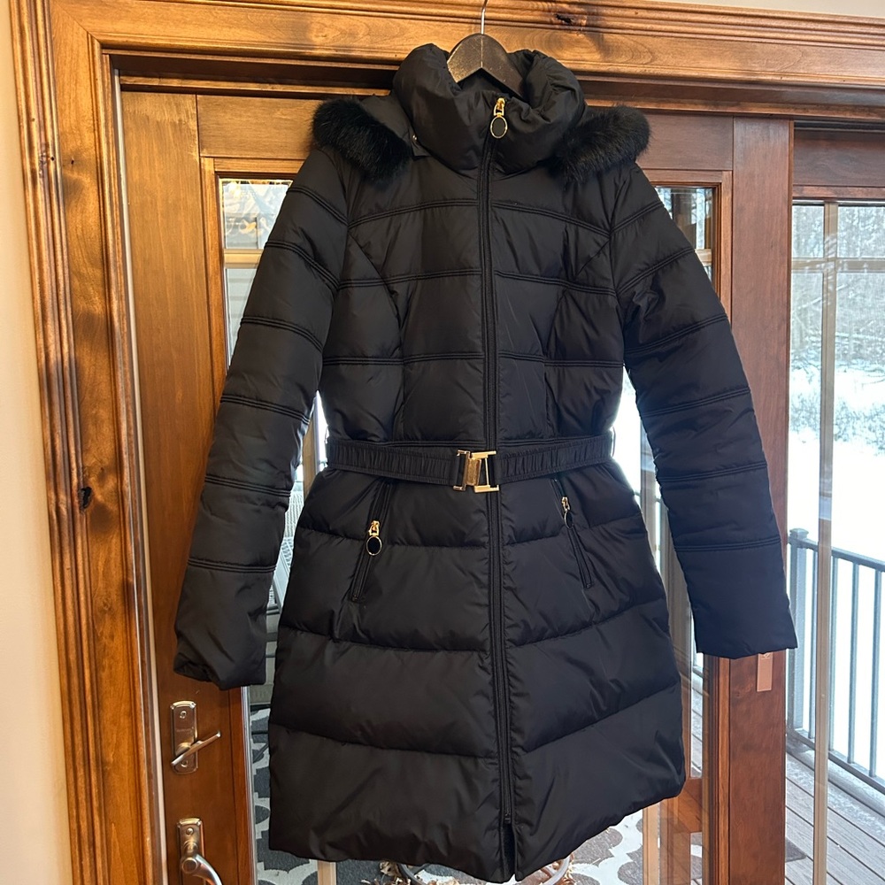 T Tahari Mali' Belted Down & Feather Fill Walking Coat with Faux Fur Trim